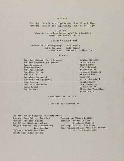 Abendzettel zu „Blaubart.  Beim Anhören einer Tonbandaufnahme von Béla Bartóks Oper »Herzog Blaubarts Burg«“ von Pina Bausch mit Tanztheater Wuppertal in New York, 14.06.1984–17.06.1984