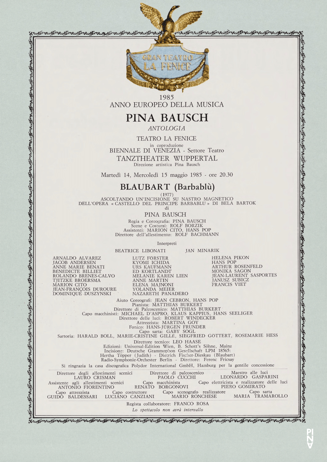 Abendzettel zu „Blaubart. Beim Anhören einer Tonbandaufnahme von Béla Bartóks Oper »Herzog Blaubarts Burg«“ von Pina Bausch mit Tanztheater Wuppertal in Venedig, 14.05.1985–15.05.1985
