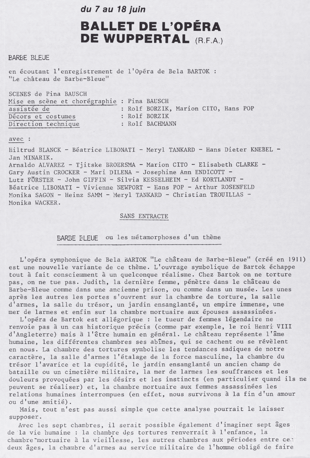 Abendzettel zu „Blaubart. Beim Anhören einer Tonbandaufnahme von Béla Bartóks Oper »Herzog Blaubarts Burg«“ von Pina Bausch mit Tanztheater Wuppertal in Paris, 14.06.1979–18.06.1979