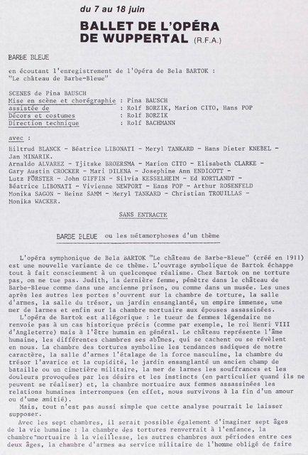 Programme pour « Barbe-Bleue. En écoutant un enregistrement sur bande magnétique de l’opéra de Béla Bartók « Le Château de Barbe-Bleue » » de Pina Bausch avec Tanztheater Wuppertal à Paris, 14 juin 1979 – 18 juin 1979