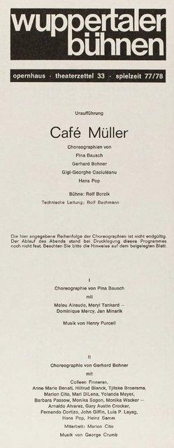 Programme pour « Café Müller » de Pina Bausch avec Tanztheater Wuppertal, « Café Müller » de Gerhard Bohner avec Tanztheater Wuppertal, « Café Müller » de Gigi-Georghe Caciuléanu avec Tanztheater Wuppertal et « Café Müller » de Hans Pop avec Tanztheater Wuppertal à Wuppertal, 20 mai 1978