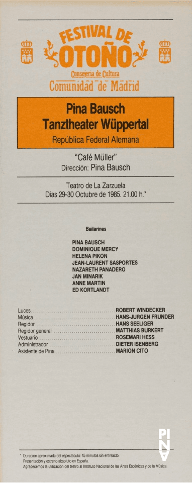 Programme pour « Café Müller » de Pina Bausch avec Tanztheater Wuppertal à Madrid, 29 oct. 1985 – 30 oct. 1985