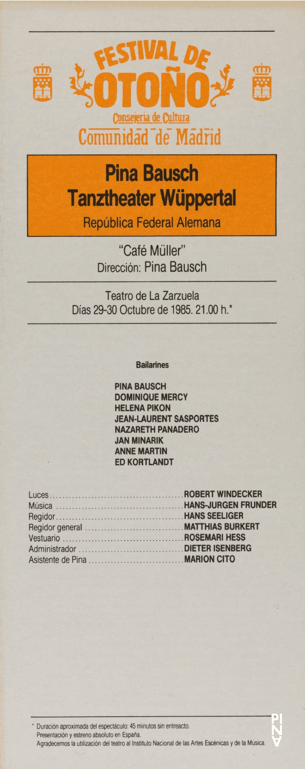 Programmheft zu „Café Müller“ von Pina Bausch mit Tanztheater Wuppertal in Madrid, 29.10.1985–30.10.1985