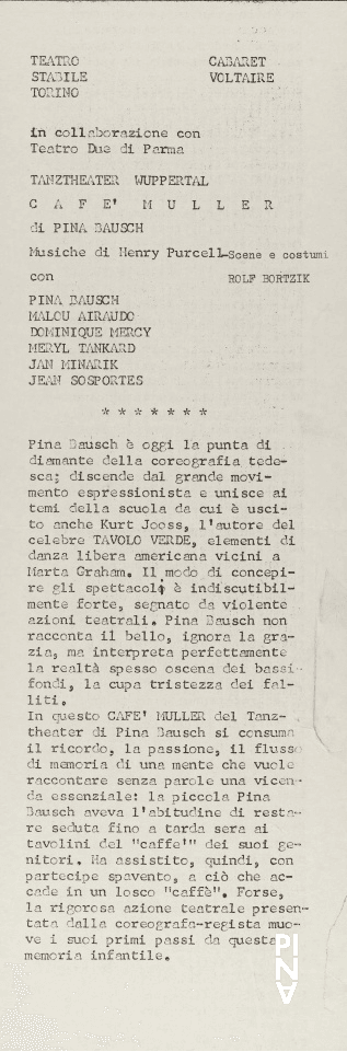 Evening leaflet for “Café Müller” by Pina Bausch in Turin