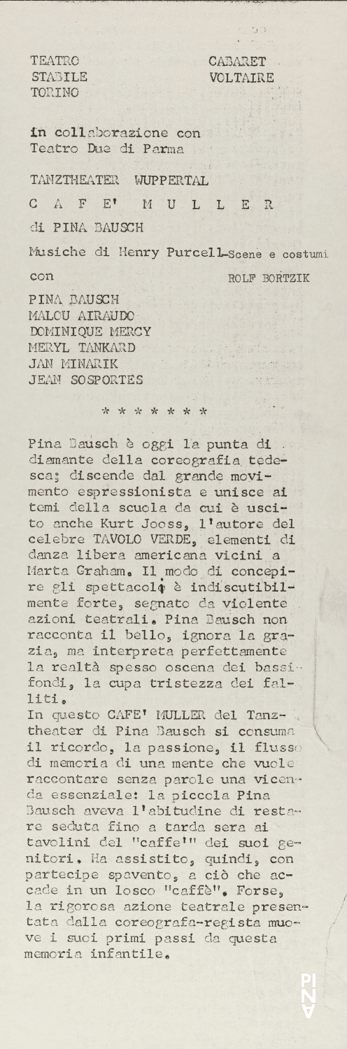 Abendzettel zu „Café Müller“ von Pina Bausch in Turin