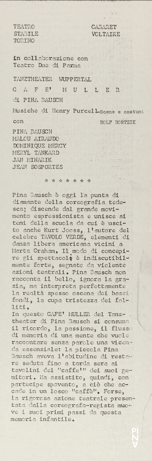 Evening leaflet for “Café Müller” by Pina Bausch in Turin