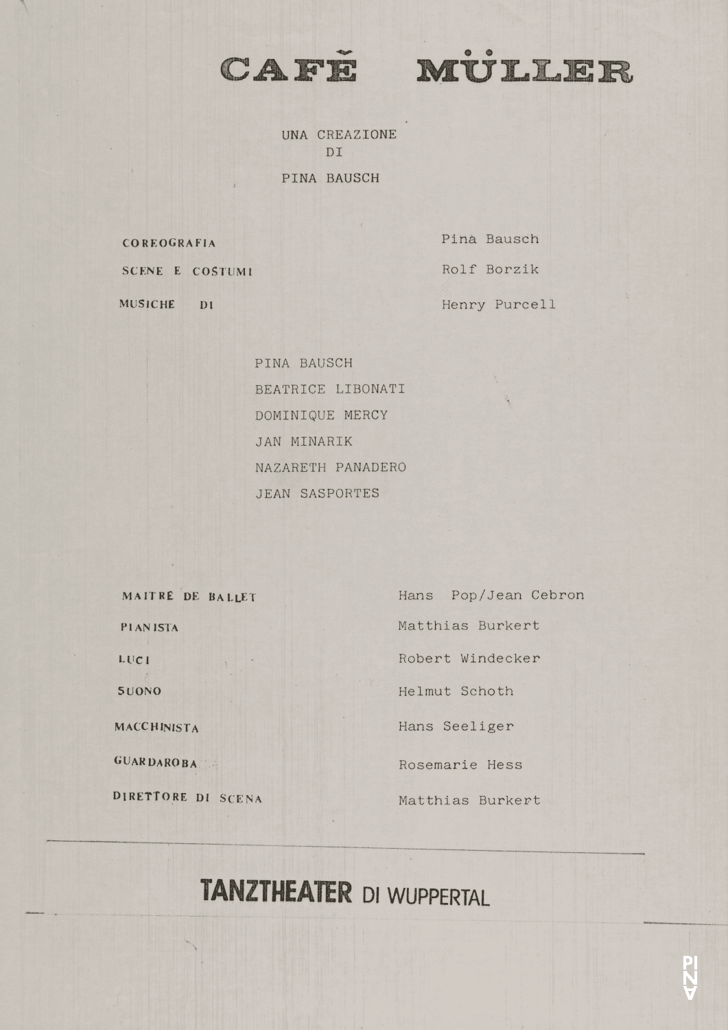 Programme pour « Café Müller » de Pina Bausch avec Tanztheater Wuppertal à Sassari, 22 fév. 1984 – 23 fév. 1984