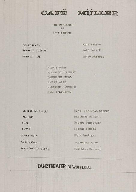 Abendzettel zu „Café Müller“ von Pina Bausch mit Tanztheater Wuppertal in Sassari, 22.02.1984–23.02.1984