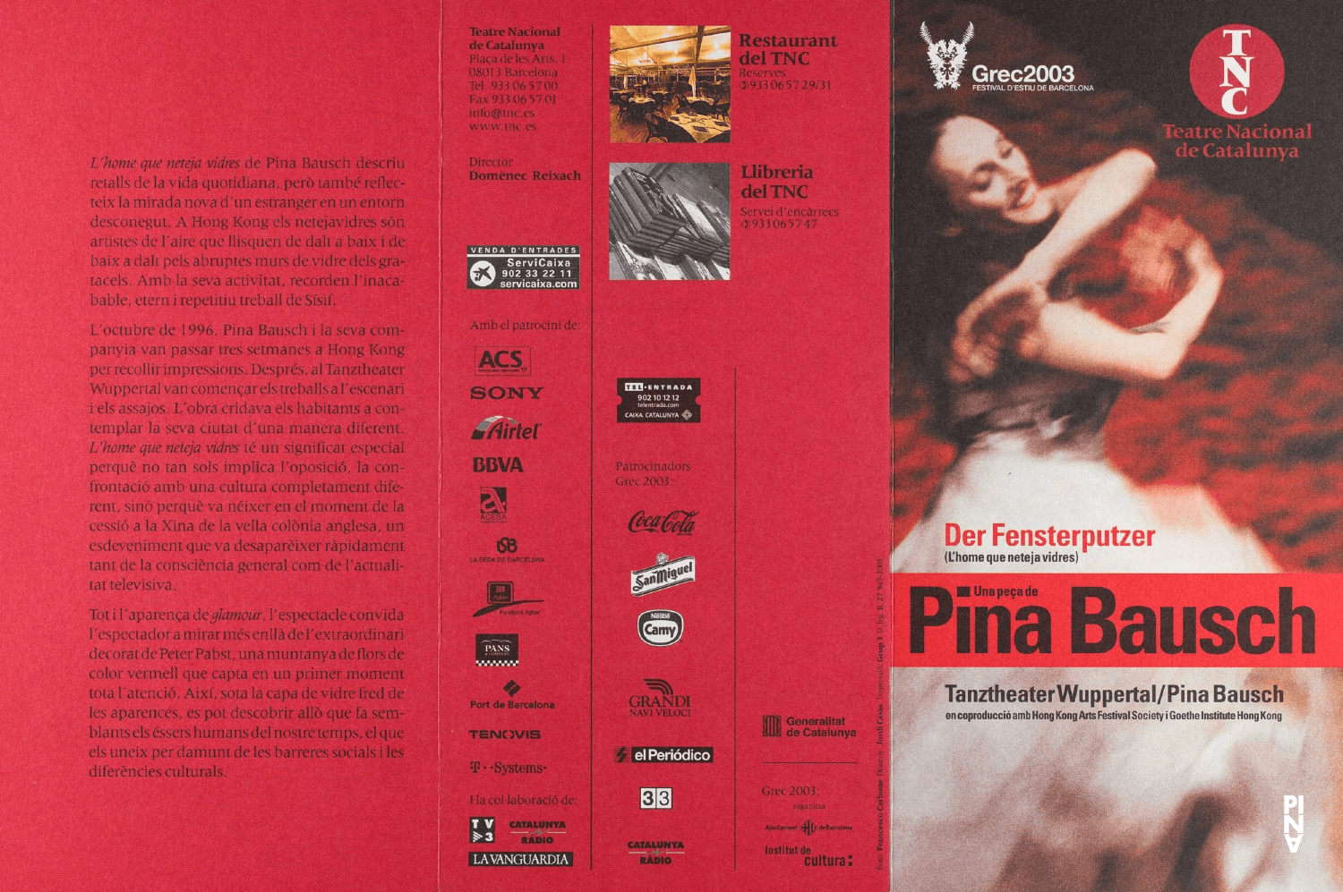 Programme pour « Der Fensterputzer (Le laveur de vitres) » de Pina Bausch avec Tanztheater Wuppertal à Barcelone, 4 juil. 2003 – 7 juil. 2003