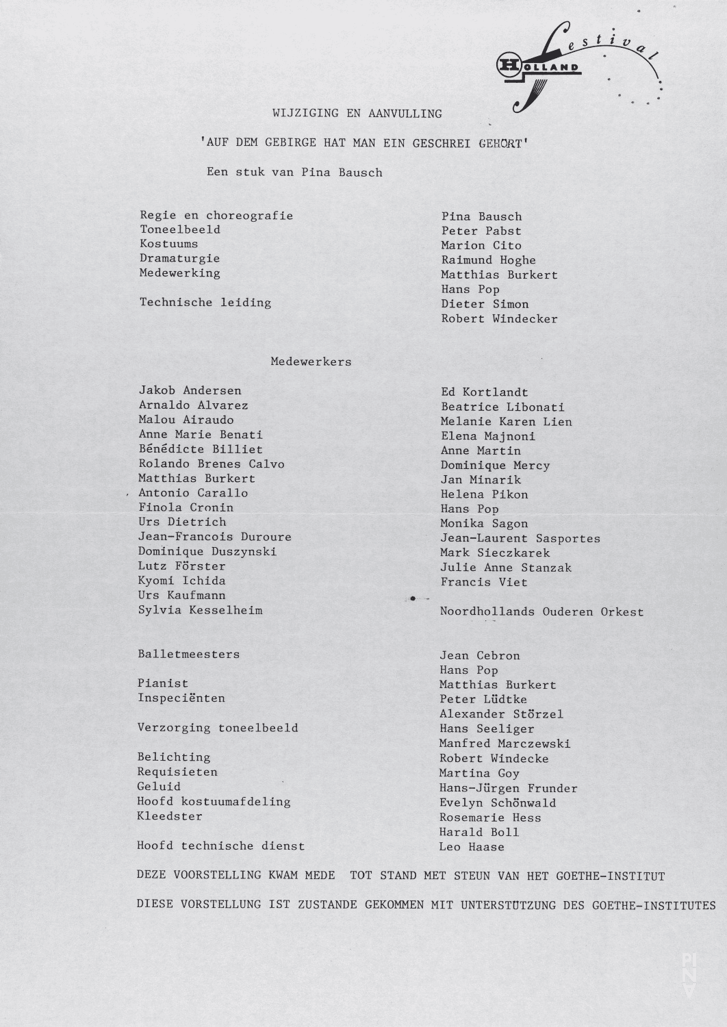 Programme pour « Auf dem Gebirge hat man ein Geschrei gehört (Sur la montagne, on entendit un hurlement) » de Pina Bausch avec Tanztheater Wuppertal à Amsterdam, 8 juin 1986 – 12 juin 1986