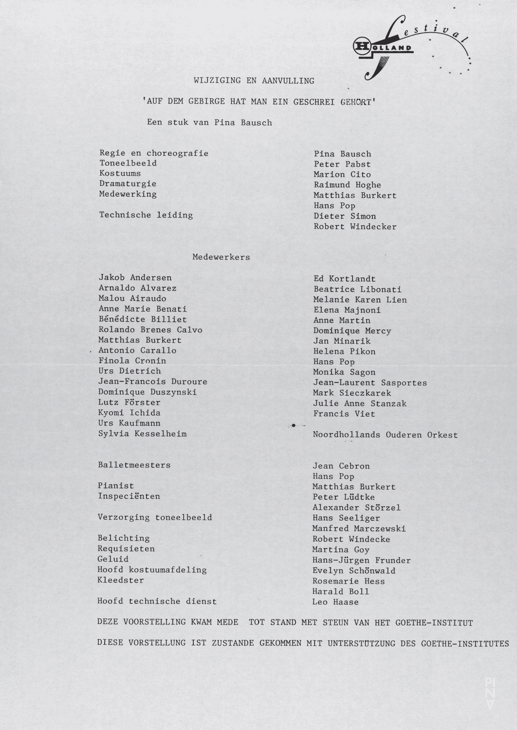 Evening leaflet for “Auf dem Gebirge hat man ein Geschrei gehört (On the Mountain a Cry Was Heard)” by Pina Bausch with Tanztheater Wuppertal in in Amsterdam, 06/08/1986 – 06/12/1986