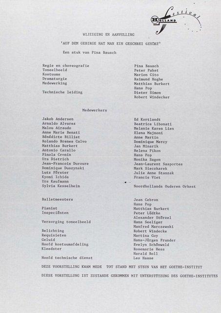 Abendzettel zu „Auf dem Gebirge hat man ein Geschrei gehört“ von Pina Bausch mit Tanztheater Wuppertal in Amsterdam, 08.06.1986–12.06.1986