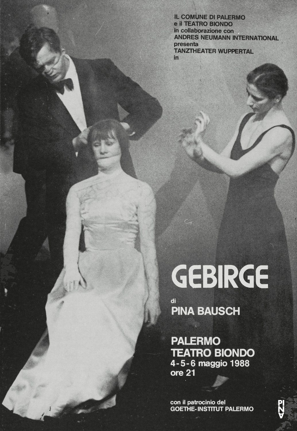 Programme pour « Auf dem Gebirge hat man ein Geschrei gehört (Sur la montagne, on entendit un hurlement) » de Pina Bausch avec Tanztheater Wuppertal à Palerme, 4 mai 1988 – 6 mai 1988