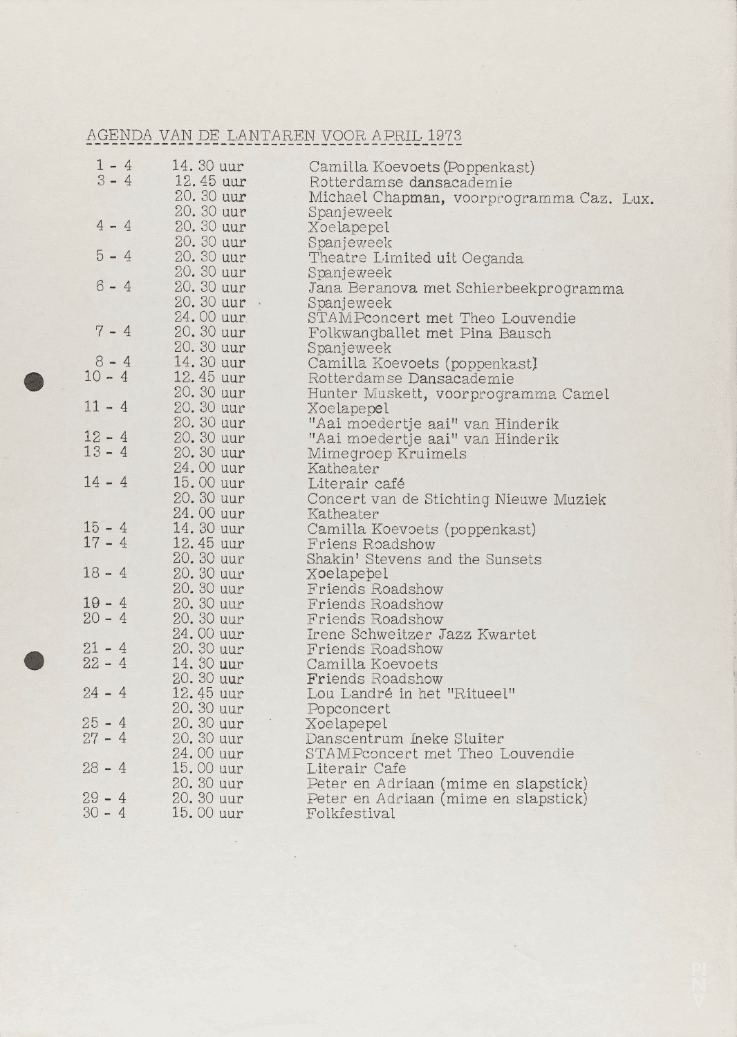 Spielzeitprogramm zu „Nachnull“, „Aktionen für Tänzer“, „PHILIPS 836 887 DSY“ und weiteren von Pina Bausch mit Folkwangballett in Rotterdam, 7. April 1973