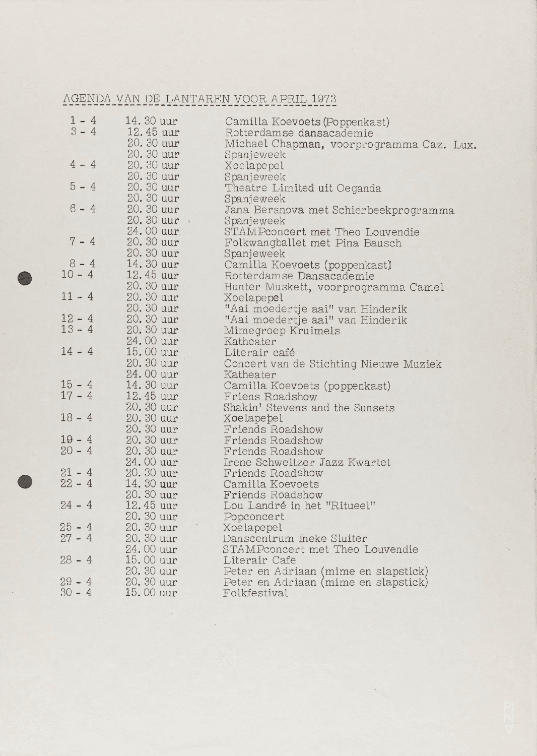 Spielzeitprogramm zu „Nachnull“, „Aktionen für Tänzer“, „PHILIPS 836 885 DSY“ und weiteren von Pina Bausch mit Folkwangballett in Rotterdam, 7. April 1973