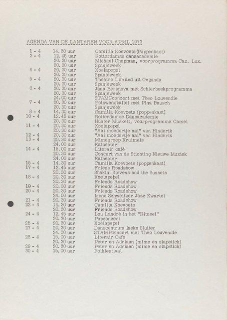 Spielzeitprogramm zu „Nachnull“, „Aktionen für Tänzer“, „PHILIPS 836 885 DSY“ und weiteren von Pina Bausch mit Folkwangballett in Rotterdam, 7. April 1973