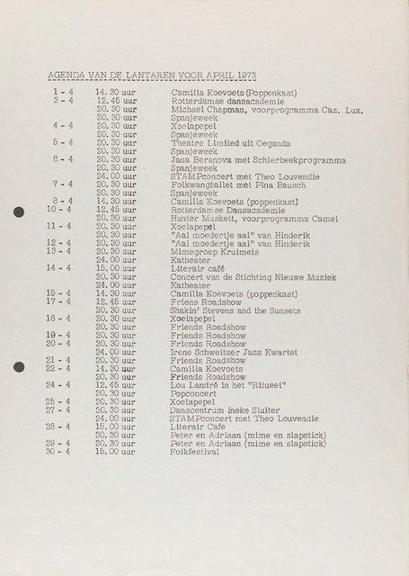 Programme de la saison pour « Nachnull (Après Zéro) », « Aktionen für Tänzer », « PHILIPS 836 885 DSY » et autres de Pina Bausch avec Folkwangballett à Rotterdam, 7 avril 1973