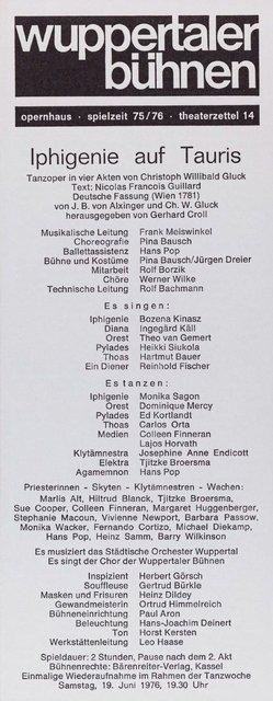 Evening leaflet for “Iphigenie auf Tauris” by Pina Bausch in in Wuppertal, season 1975/76