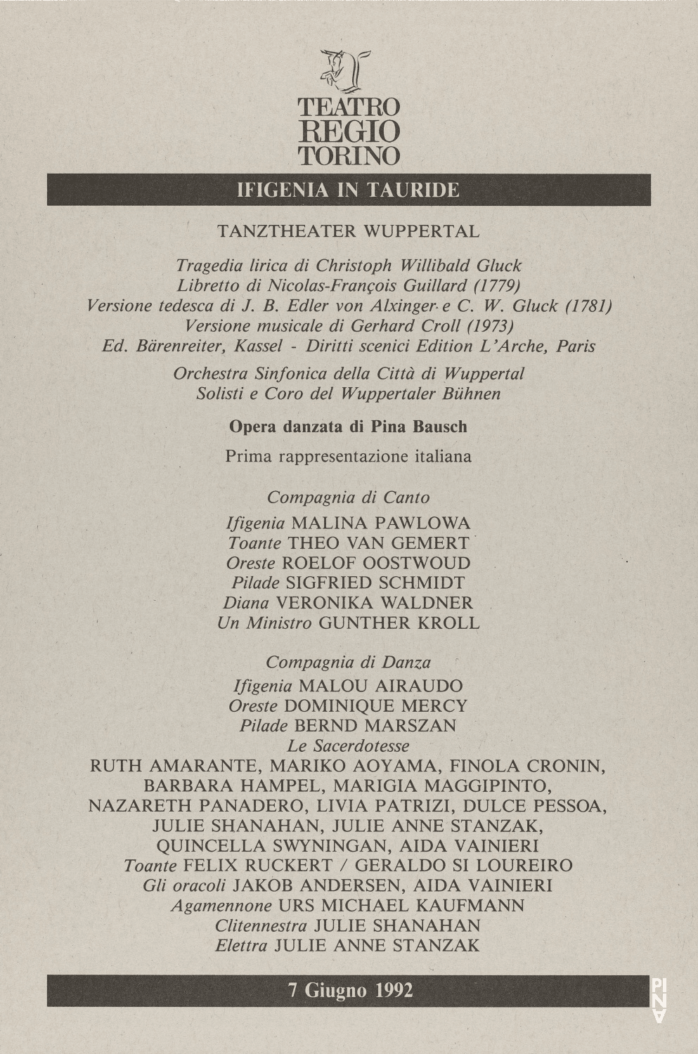 Evening leaflet for “Iphigenie auf Tauris” by Pina Bausch with Tanztheater Wuppertal in in Turin, June 7, 1992