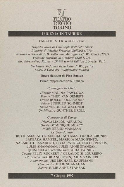 Abendzettel zu „Iphigenie auf Tauris“ von Pina Bausch mit Tanztheater Wuppertal in Turin, 7. Juni 1992