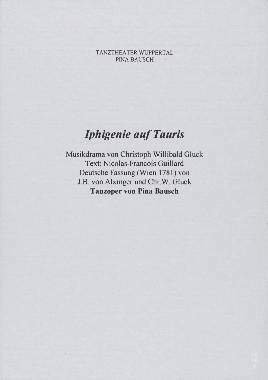 Evening leaflet for “Iphigenie auf Tauris” by Pina Bausch with Tanztheater Wuppertal in in Wuppertal, 12/10/1999 – 12/12/1999
