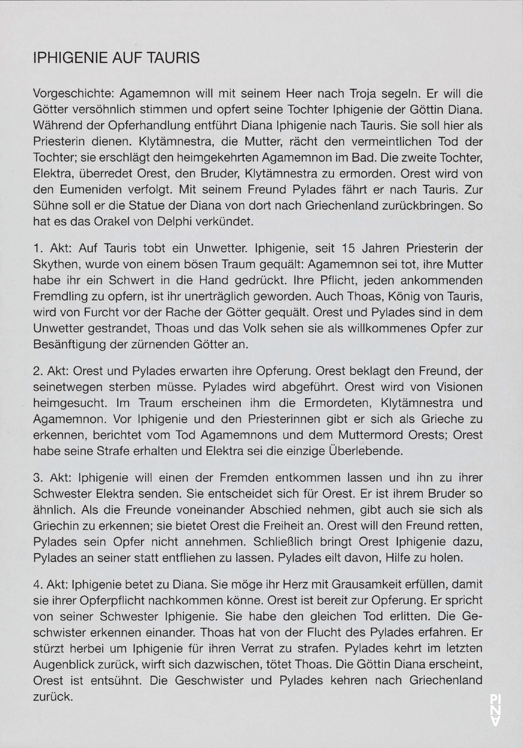 Evening leaflet for “Iphigenie auf Tauris” by Pina Bausch with Tanztheater Wuppertal in in Wuppertal, 12/10/1999 – 12/12/1999