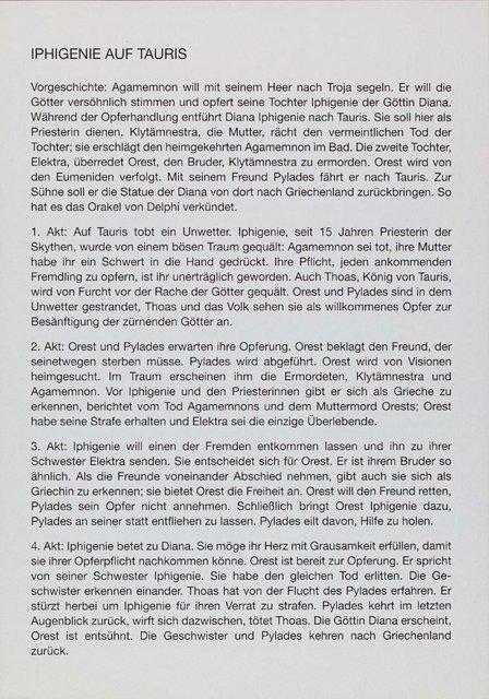 Evening leaflet for “Iphigenie auf Tauris” by Pina Bausch with Tanztheater Wuppertal in in Wuppertal, 12/10/1999 – 12/12/1999