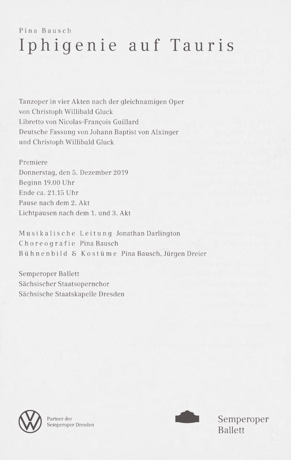 Booklet for “Iphigenie auf Tauris” by Pina Bausch with Semperoper Ballett Dresden in in Dresden, Dec. 5, 2019