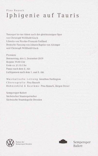 Programme pour « Iphigenie auf Tauris » de Pina Bausch avec Semperoper Ballett Dresden à Dresde, 5 décembre 2019