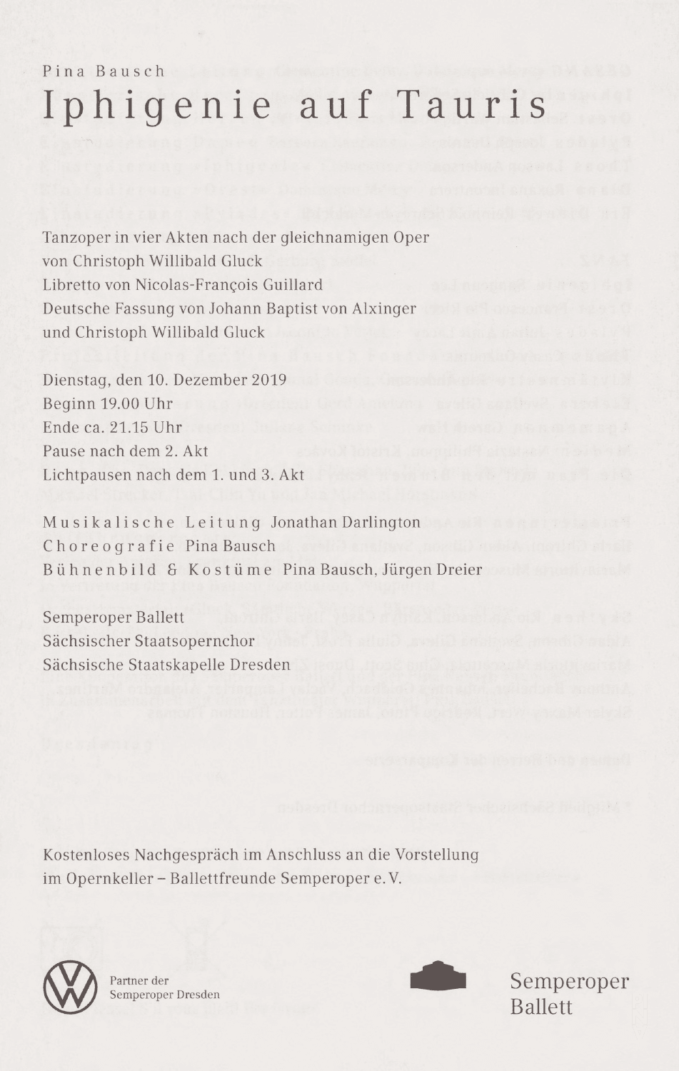 Programme pour « Iphigenie auf Tauris » de Pina Bausch avec Semperoper Ballett Dresden à Dresde, 10 décembre 2019