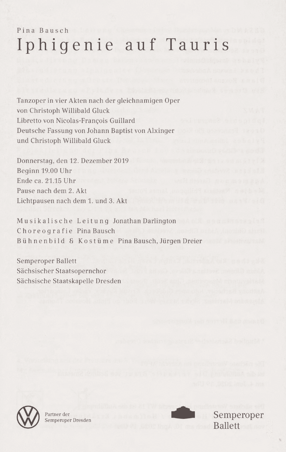 Programmheft zu „Iphigenie auf Tauris“ von Pina Bausch mit Semperoper Ballett Dresden in Dresden, 12. Dezember 2019