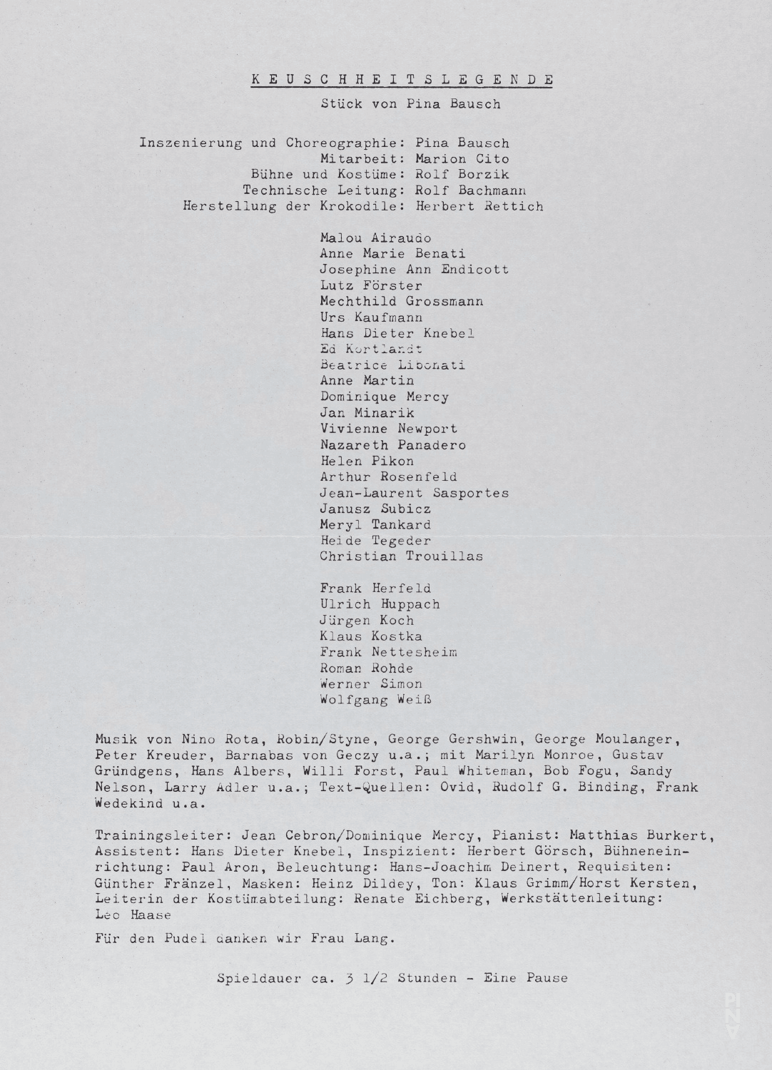 Evening leaflet for “Keuschheitslegende (Legend of Chastity)” by Pina Bausch with Tanztheater Wuppertal in in Wuppertal, Dec. 13, 1979