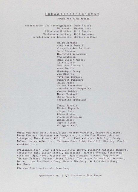 Programme pour « Keuschheitslegende (La légende de la chasteté) » de Pina Bausch avec Tanztheater Wuppertal à Wuppertal, 13 décembre 1979