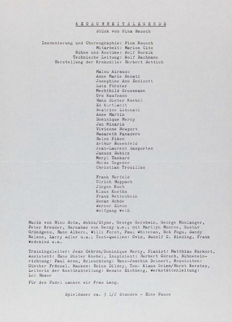 Programme pour « Keuschheitslegende (La légende de la chasteté) » de Pina Bausch à Wuppertal, 13 décembre 1979