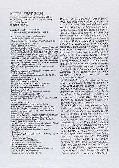 Evening leaflet for “Kontakthof. With Ladies and Gentlemen over 65” by Pina Bausch with Kontakthof-Ensemble Damen und Herren ab ´65 in in Udine, 07/24/2004 – 07/25/2004
