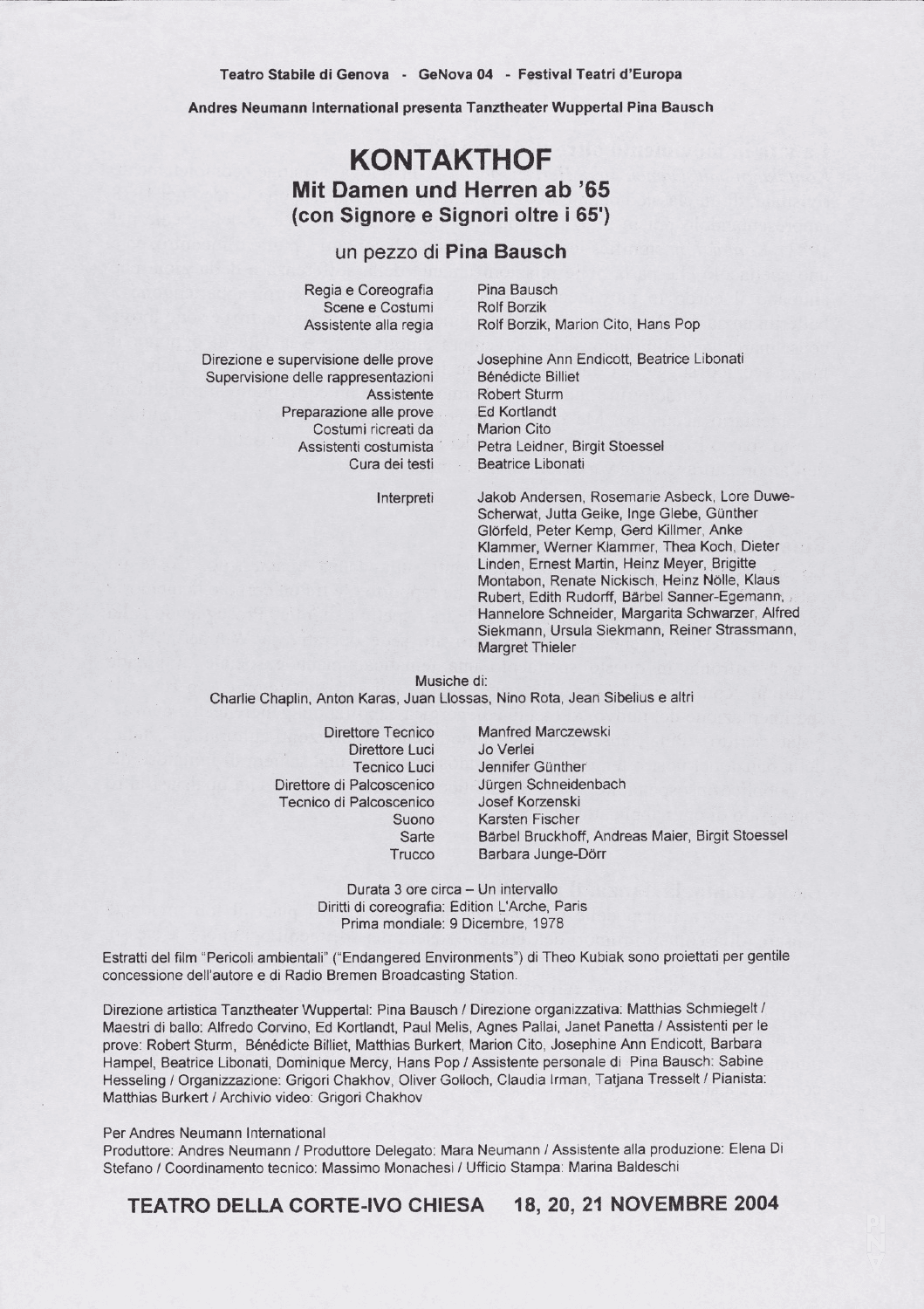 Evening leaflet for “Kontakthof. With Ladies and Gentlemen over 65” by Pina Bausch with Kontakthof-Ensemble Damen und Herren ab ´65 in in Genua, 11/18/2004 – 11/21/2004
