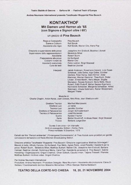 Abendzettel zu „Kontakthof. Mit Damen und Herren ab „65““ von Pina Bausch mit Kontakthof-Ensemble Damen und Herren ab ´65 in Genua, 18.11.2004–21.11.2004