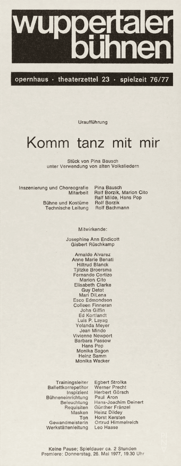Programme pour « Komm tanz mit mir » de Pina Bausch avec Tanztheater Wuppertal à Wuppertal, 26 mai 1977
