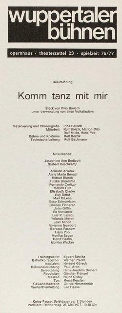 Abendzettel zu „Komm tanz mit mir“ von Pina Bausch mit Tanztheater Wuppertal in Wuppertal, 26. Mai 1977