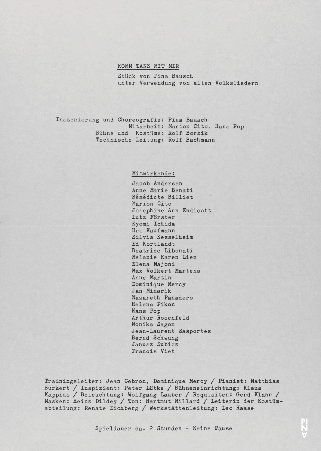 Programme pour « Komm tanz mit mir » de Pina Bausch à Wuppertal, saison 1982/83