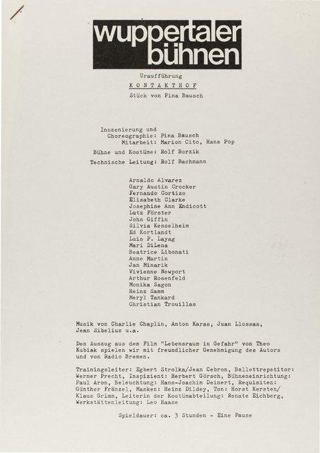Evening leaflet for “Kontakthof” by Pina Bausch with Tanztheater Wuppertal in in Wuppertal, Dec. 9, 1978
