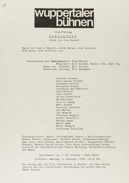 Programme pour « Kontakthof » de Pina Bausch avec Tanztheater Wuppertal à Wuppertal, 9 décembre 1978