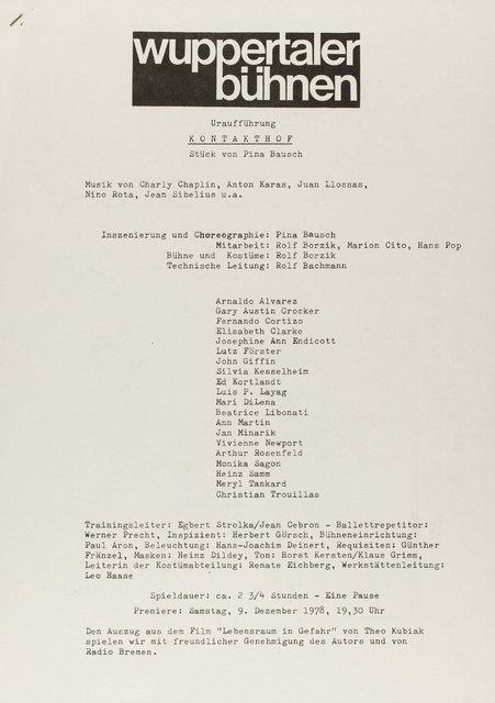 Evening leaflet for “Kontakthof” by Pina Bausch with Tanztheater Wuppertal in in Wuppertal, Dec. 9, 1978