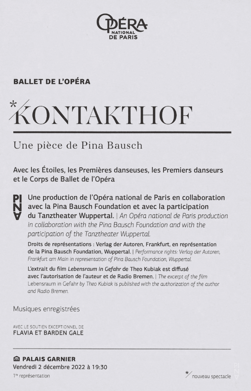 Abendzettel zu „Kontakthof“ von Pina Bausch mit Ballet de l'Opéra de Paris in Paris, 2. Dezember 2022