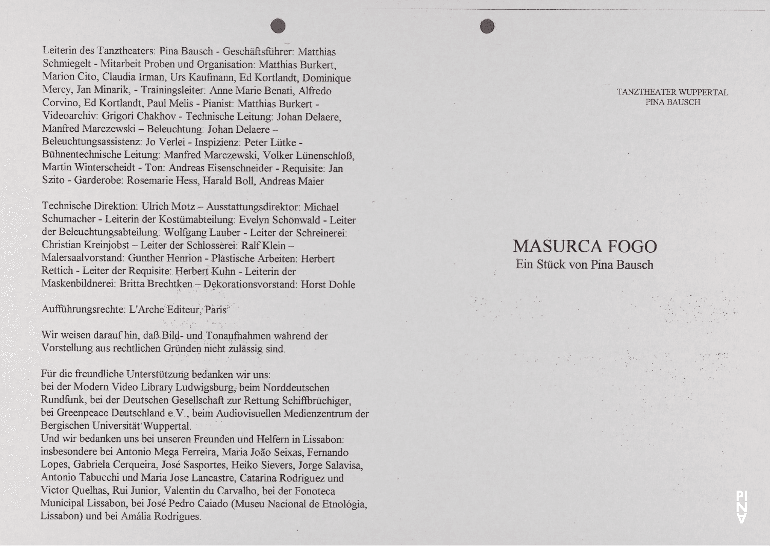 Evening leaflet for “Masurca Fogo” by Pina Bausch with Tanztheater Wuppertal in in Wuppertal, April 4, 1998