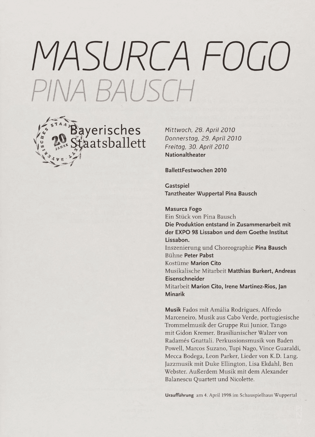 Programme pour « Masurca Fogo » de Pina Bausch avec Tanztheater Wuppertal à Munich, 28 avr. 2010 – 30 avr. 2010