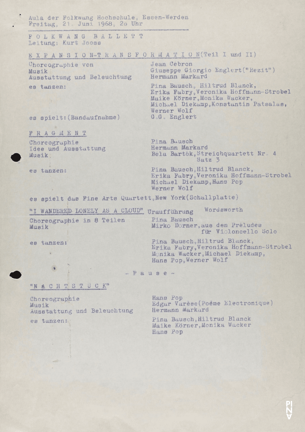 Evening leaflet for “Im Wind der Zeit” and “Fragment” by Pina Bausch with Folkwangballett, “Expansion I” and “Transformation II” by Jean Cébron with Folkwangballett, “Nachtstück” by Hans Pop with Folkwangballett and “Phasen” by Kurt Jooss with Folkwangballett in in Essen, June 21, 1968