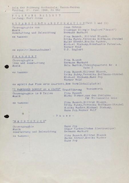 Programme pour « Im Wind der Zeit » et « Fragment » de Pina Bausch avec Folkwangballett, « Expansion I » et « Transformation II » de Jean Cébron avec Folkwangballett, « Nachtstück » de Hans Pop avec Folkwangballett et « Phasen » de Kurt Jooss avec Folkwangballett à Essen, 21 juin 1968