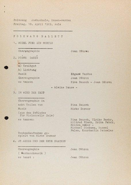 Programme pour « Im Wind der Zeit » et « Fragment » de Pina Bausch avec Folkwangballett, « Unidentified », « Filandre - Mythique (Faden der Parzen) », « Model für ein Mobile » et autres de Jean Cébron avec Folkwangballett et « Recueil » de Jean Cébron avec Folkwang – Tanzbühne à Essen, 18 avril 1969