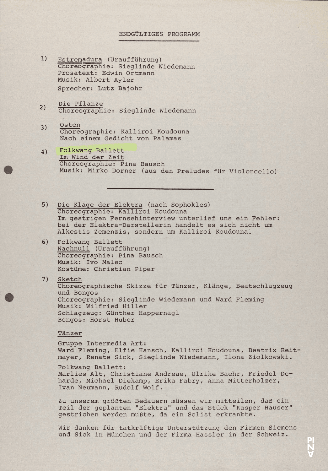 Abendzettel zu „Nachnull“ und „Im Wind der Zeit“ von Pina Bausch mit Folkwangballett, „Estremadura“, „Die Pflanze“ und „Sketch“ von Sieglinde Wiedemann mit Intermedia Art und „Osten“ und „Die Klage der Elektra (nach Sophokles)“ von Kalliroi Koudouna mit Intermedia Art in München, 8. Januar 1970